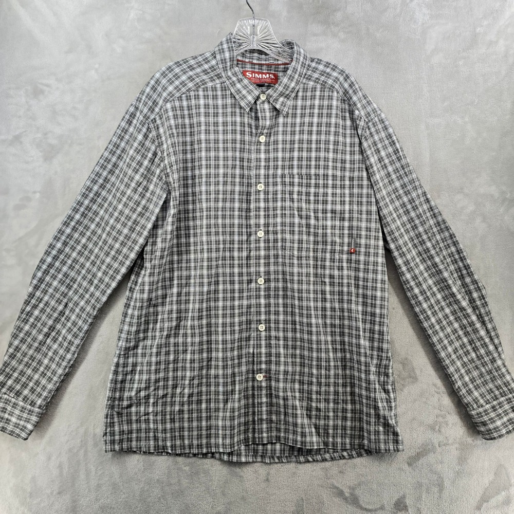 Simms Fishing Shirt Mens Large Gray Plaid Long Sleeve Button Up Nylon Blend